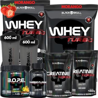 Imagem de Kit 2x Whey Protein Turbo 907g + 2x Creatina Monohidratada 150g + Pré-Treino BOPE 150g + Thermo Flame Termogênico 120 Tabletes+ 2x Coqueteleira - Black Skull (Whey Morango + Bope Frutas Amarelas)