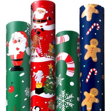 Imagem de Papel de embrulho de Natal, papel de embrulho de Natal grande com design de homem de gengibre, trenó e rena do Papai Noel, 4 rolos jumbo - 43 cm x 5 m por rolo, Feliz Natal para crianças e adultos