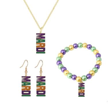 Imagem de coadipress Mardi Gras Colar Brincos Pulseira Conjunto para Mulheres Glitter Esmalte Mardi Brincos Pingente Máscara Jester Chapéu Pingente Colar Mardi Gras Carnaval Cosplay Festa Acessório Joias
