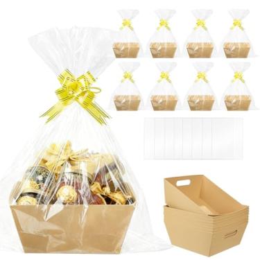 Imagem de Conjunto de cesta de presente vazia com 8 peças, cesta de presente grossa Kraft com 10 laços, 10 sacos de embrulho, caixa de presente grande para encher no Natal, Dia dos Namorados, aniversário, ação