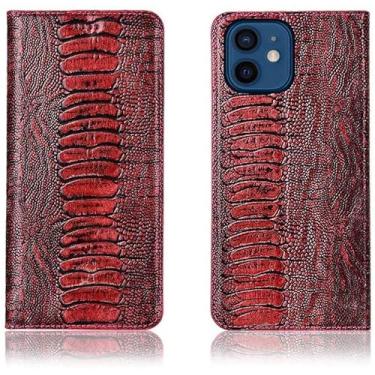 Imagem de KANUZ Capa de telefone clamshell para Apple iPhone 12 (2020) 6,1 polegadas, capa de couro magnético flip à prova de choque com função de suporte e slot para cartão (textura do pé de avestruz) (cor: vermelho)