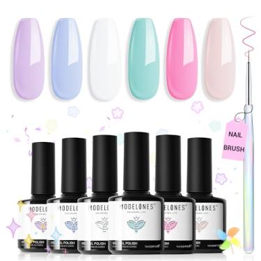Imagem de modelones Conjunto De Esmaltes Em Gel, 6 Cores, Conjunto De Esmaltes Em Gel Pastel De Primavera Com Pincel Delineador Para Nail Art, Rosa Suave, Branco, Roxo Claro, Azul, Verde, Nude, Pintura, Kit D
