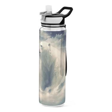 Imagem de Burbuja Garrafa de água Polar Bear in Cloud de 940 ml com tampa de palha, à prova de vazamento e livre de BPA para academia, esportes ao ar livre