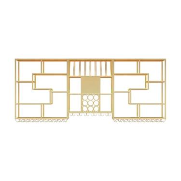 Imagem de Prateleiras de bar montadas na parede dourada com luz LED | Rack de vinho de ferro e suporte de vidro | Prateleira de exibição de bebidas para cozinha, sala de jantar, bar doméstico, sala de estar