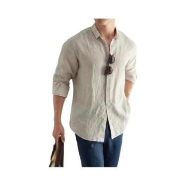 Imagem de Camisa Casual Masculina plus Size Em Linho E Algodão, Manga Longa, Pre