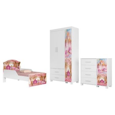Imagem de Quarto Infantil 3 Peças Lívia com Mini Cama Guarda Roupa e Cômoda em MDF Carruagem Milani Movelaria