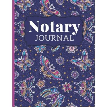 Imagem de Notary Journal: 8.5x11 Large Notarial Logbook / With 200 Numbered Pages - Two Records Logs Per Page / 400 Records / Pink Blue Purple Butterflies - ... Pattern / Ledger Book Gift For Signing Agents