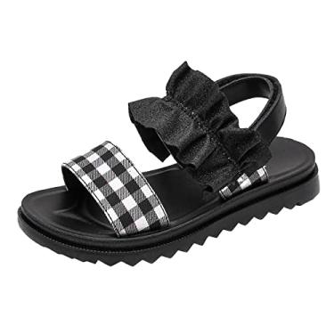 Imagem de Sandálias de verão para meninas pequenas/grandes sandálias de bico aberto com babados padrão listrado PU sandálias sapatos de praia meninas tênis, Preto, 3.5 Big Kid