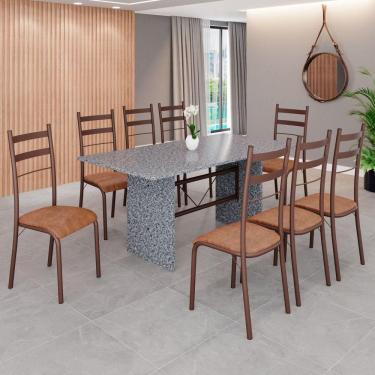 Imagem de Conjunto Sala de Jantar Mesa Retangular 180x75cm Tampo Granito Ocre 8 Cadeiras Marselha Granito/ Marrom