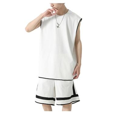 Imagem de Conjunto curto masculino de seda gelada com cordão na cintura, 2 peças, gola redonda, camisa polo sem mangas, Branco, Large