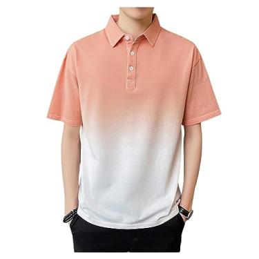 Imagem de Camisa polo masculina gradiente lapela golfe camisa botão respirável camiseta elástica atlética ajuste fino, Laranja, M