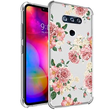 Imagem de Ueokeird Capa para LG V40 ThinQ, capa para LG V40 com flores, capa protetora fina à prova de choque transparente com estampa floral macia e flexível TPU para LG V40 ThinQ (versão 2018) (flor rosa)