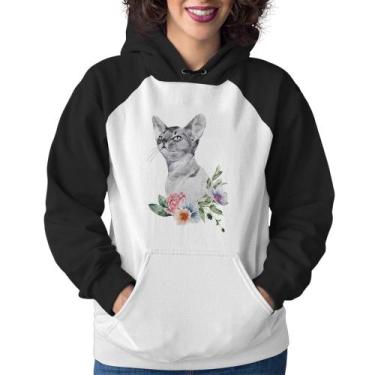 Imagem de Moletom Feminino Gato e Flores - Foca na Moda, Branco, Preto, GG