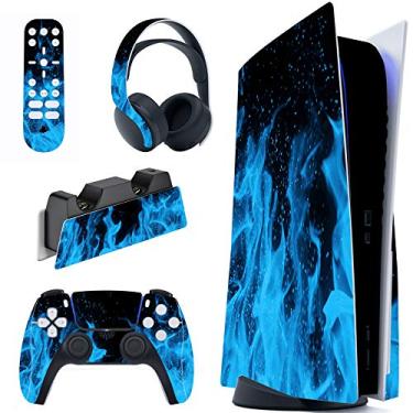 Imagem de PlayVital Conjunto completo de decalque Blue Flame para console ps5 edição de disco, adesivo de vinil para controle ps5, estação de carregamento, fone de ouvido e controle remoto de mídia