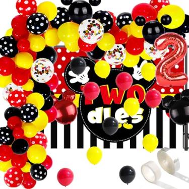 Imagem de 98 peças de artigos de festa do 2º aniversário do Mickey, 1,5 x 9,5 m, pano de fundo fotográfico inspirado no Mickey, kit de guirlanda de arco de balão de segundo aniversário para decorações de festa de 2 anos