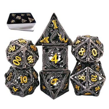 Imagem de Dungeons and Dragon Dice DND Hollow Metal Dice Set Exquisite Metal Silver Gift Box Game MTG Pathfinder Play Mat Magic 7 pcs Dice Polyhedral D&D Tenzi Cards Math Cool Case Tower(Dragon_Black Plus Gold)