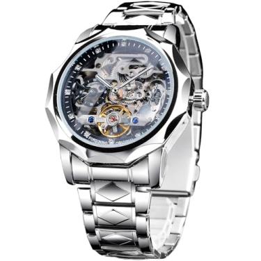 Imagem de FORSINING Relógio masculino luxuoso de turbilhão de esqueleto oco dourado e preto, Dodecágono, escala de diamante, relógios mecânicos automáticos, pulseira de aço inoxidável de losango, segundos