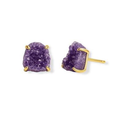 Imagem de Brinco Tarraxa Druza de Ametista - Cristal Natural, Banho Ouro 18k