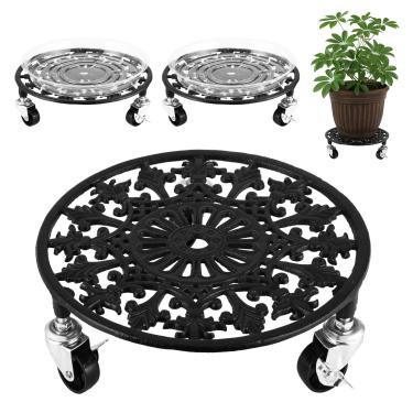 Imagem de Pacote com 2 suportes para plantas com rodas de 28 cm para plantas grandes Rolos de plantas resistentes Dolly à prova de ferrugem Suporte para plantas de ferro forjado Carrinho de flores interno e