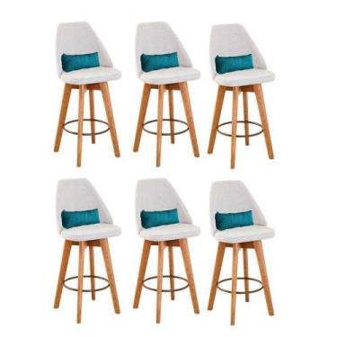 Imagem de Kit 06 Banquetas Linho Bege E Almofada Azul Turquesa - GAT MAGAZINE