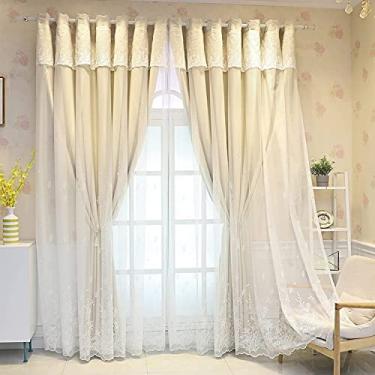 Imagem de Cortina blecaute de camada dupla bordada blackout voile em camadas painel de cortina sólida, para quarto de menina, isolamento térmico, cortina sombreada de deck duplo, topo com ilhós, 1 peça, bege L