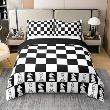 Imagem de Homewish Xadrez 100% algodão natural infantil capa de edredom Queen Size 3 peças, jogo de cama xadrez preto e branco, presentes com 2 fronhas, capa de colcha macia com estampa geométrica vintage