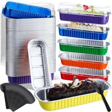 Imagem de Blushtier 180 conjuntos de mini formas de pão com tampas e colheres de 193 g retangulares de folha de alumínio para assadeiras de bolo para sobremesas de pão (cor fresca, estilo retangular)