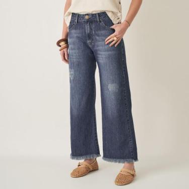 Imagem de Calça Jeans Wide Cropped com Barra Desfiada - Bloom, Jeans escuro, 38