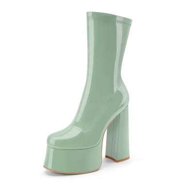 Imagem de Perisis Bota feminina de cano curto com plataforma GoGo, salto alto, redondo, com zíper, de couro, cano médio, para festa rave, Patente verde-menta, 35