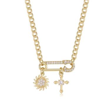 Imagem de TANTIUE Colar com pingente de clipe de papel para mulheres banhado a ouro 14K com clipe de papel de zircônia cúbica sol/cruz/concha/tartaruga/coração/pingente de estrela com corrente cubana joias