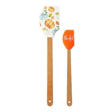 Imagem de Conjunto de espátula de silicone de Ação de Graças, 2 peças, utensílios de cozimento de outono, design agradecido e abóbora, silicone resistente ao calor com alças de madeira, perfeito para cozinhar e
