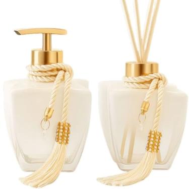 Imagem de Kit Vidro Degradê Branco para Banheiro e Lavabo com Difusor e Porta Sabonete Líquido Elegante(Dourado)