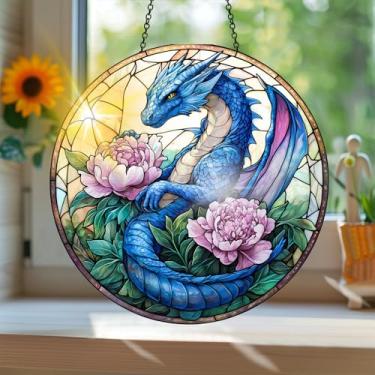 Imagem de Apanhador solar de acrílico colorido, estilo vitral com estampa de dragão animal, com reflexos de arco-íris, decoração de janela suspensa, arte de parede, ornamentos de Natal para uso interno e