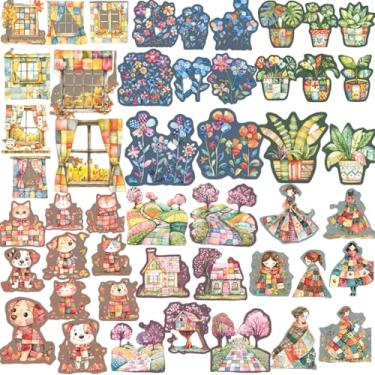 Imagem de 60 peças de adesivos de scrapbook de PET com elementos fofos e cenas de estilo pastoral para garrafa de água, laptop, Kindle, skate, guitarra, scrapbook, diário e confecção de cartões