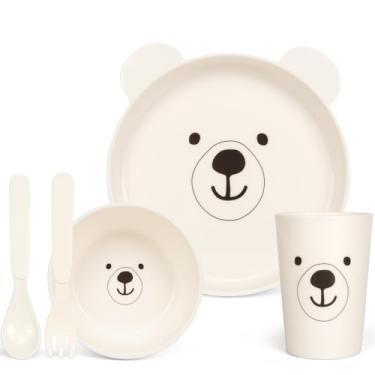 Imagem de Conjunto de louça para crianças – 5 peças com tema de urso polar, inclui prato, tigela, copo e utensílios, livre de BPA, micro-ondas e lava-louças | Presente ideal para meninas (branco - urso polar)