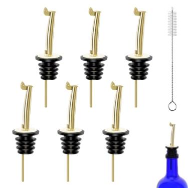 Imagem de 6 bicos de despejo de licor, despejadores de garrafa de vinho de aço inoxidável com tampas, despejadores de garrafa de vinho com rolhas de velocidade para garrafa de licor, tampa automática de