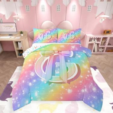 Imagem de Feelyou Conjunto de edredom colorido arco-íris, presente personalizado, para crianças, meninas, 1 fronha, lindo, nó de laço de coquete, roupa de cama de solteiro, letra M, edredom com monograma