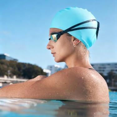 Imagem de Toucas de natação para cabelos longos, toucas de natação de silicone durável para mulheres, homens e adultos