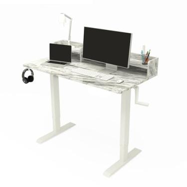 Imagem de HGTRH Mesa de computador manual de altura ajustável, mesa em pé/estação de trabalho de computador ajustável em altura, computador de escritório em casa com gancho de fone de ouvido e estante de
