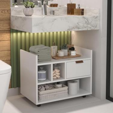 Imagem de Gabinete de Banheiro com Rodízios e Gaveta – Armário Organizador Multiuso, Cores Diversas e Compacto para Lavabo(Branco)