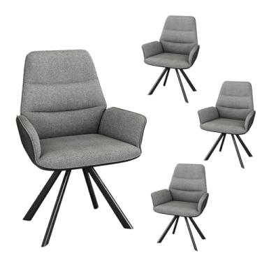 Imagem de HGTRH Cadeiras de jantar giratórias, cadeira de cozinha estofada com encosto e apoio de braço algodão linho couro pana pernas de aço carbono capacidade de peso 299 kg cinza escuro 4 peças