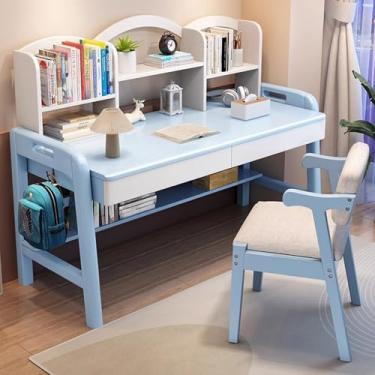 Imagem de Mesa infantil com prateleiras e armazenamento com pernas, mesa de estudo com gaiola e gaveta para quarto, mesa infantil ajustável em altura para todas as crianças com gaiola e 2 gavetas azul 100 x 60