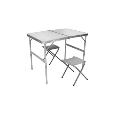 Imagem de Mesa Dobrável Tipo Maleta com 2 Banquetas, Alumínio e MDF Aluminizado, Branca, 90x60x70 cm, Portátil para Camping e Piquenique