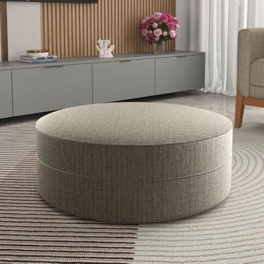 Imagem de Puff Redondo Decorativo Soho em Linho – Puff Grande para Sala de Estar e Quarto, Confortável e Sofisticado(Cinza com marrom)