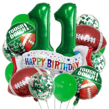 Imagem de Balão de rugby verde número 11. Balões grandes de alumínio de 11º aniversário, balões coloridos de 11º aniversário, bola de oliveira, balões esportivos de 11 anos, kits de balões de festa para meninos