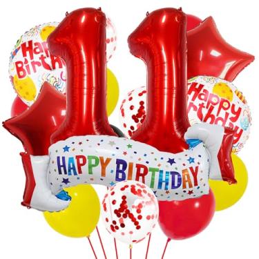 Imagem de Conjunto de decoração de aniversário de 11 anos vermelho, balão de 11 anos de coração rosa, balão colorido de feliz aniversário de 11 anos para meninas, meninos, crianças, adultos, artigos de festa