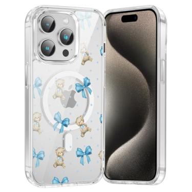Imagem de FBHGLOA Capa de celular para iPhone 15 Pro de 6,1 polegadas com laços azuis fofos, compatível com MagSafe, capa protetora magnética transparente à prova de choque com estampa de urso de bolinhas à