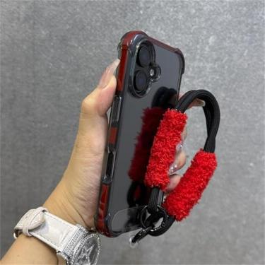 Imagem de HTVJFX Capa protetora para iPhone 14 Plus, transparente, com alça de pulso, à prova de choque e airbag (para iPhone 14 Plus/preto e vermelho)