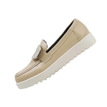 Imagem de Sapato feminino fashion casual salto baixo bico redondo fivela estilo primavera confortável sola grossa tamanho grande sem cadarço PU, Caqui, 36