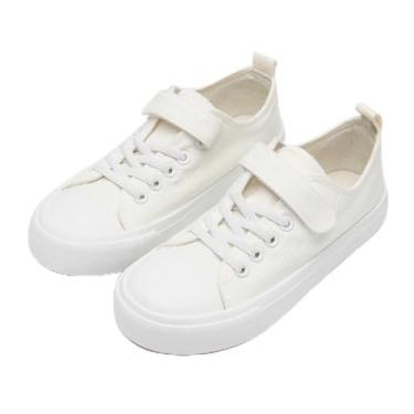 Imagem de Tênis infantil para meninos e meninas, cano baixo, casual, de lona, clássico, sem cadarço com tira ajustável, confortável, leve, para corrida e caminhada, Branco, 22